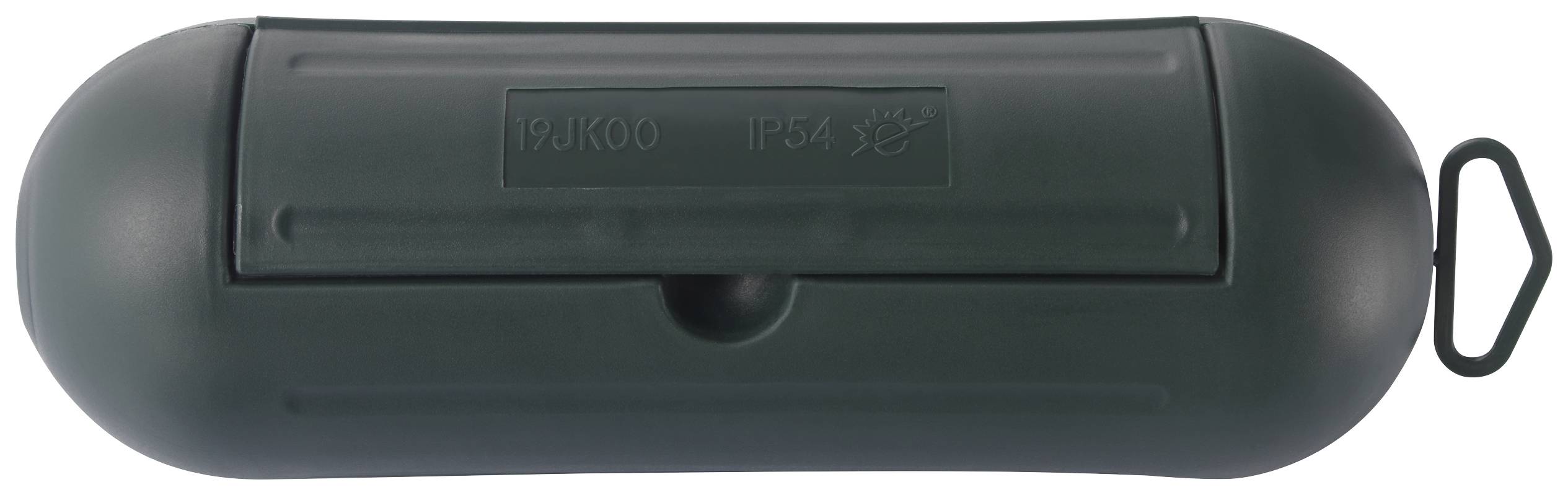 Ett grönt, ovalt plastfodral med lock, sannolikt en behållare eller ett skydd.