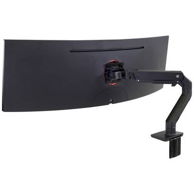 En svart, böjd datorskärmsrygg, monterad på en svängbar, justerbar arm som är fäst vid ett bord.