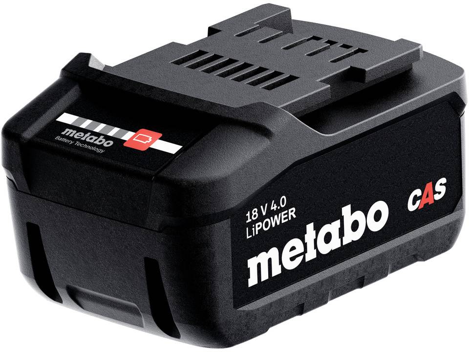 Svart Metabo 18 V 4.0 LiPOWER batterisats med CAS-märkning, visad i en produktfoto på vit bakgrund.