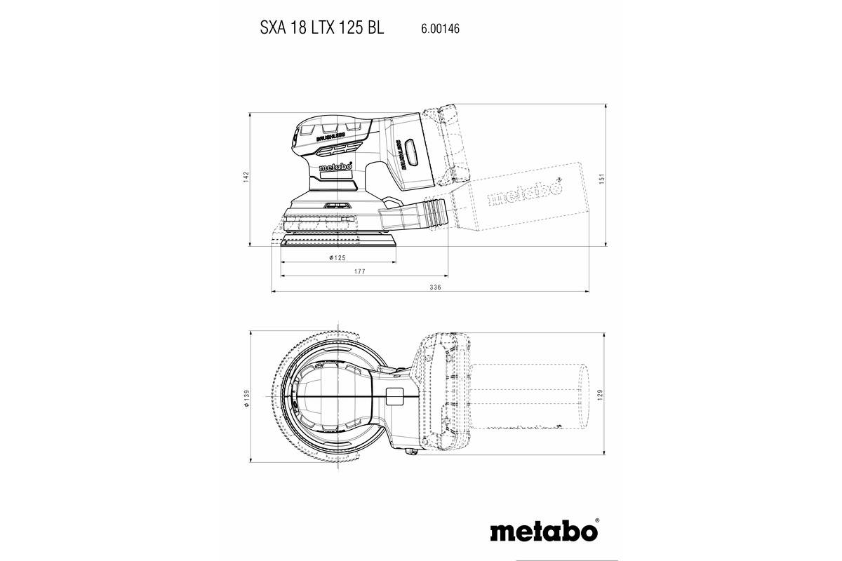 Teknisk ritning av en Metabo SXA 18 LTX 125 BL excenterslip, sido- och toppvy. Produktmått och Metabo-logotyp synliga.