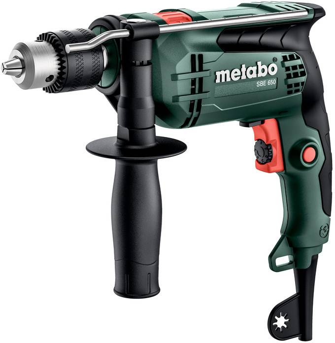 Grön Metabo elborr med sidohandtag och chuck, visad på vit bakgrund.