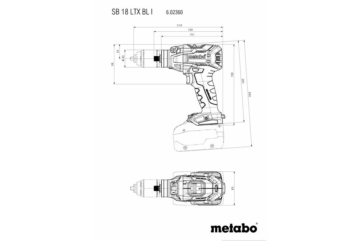 Teknisk ritning av en Metabo SB 18 LTX BL I batteridriven skruvdragare med dimensioner. Sido- och ovanifrånvy visad.