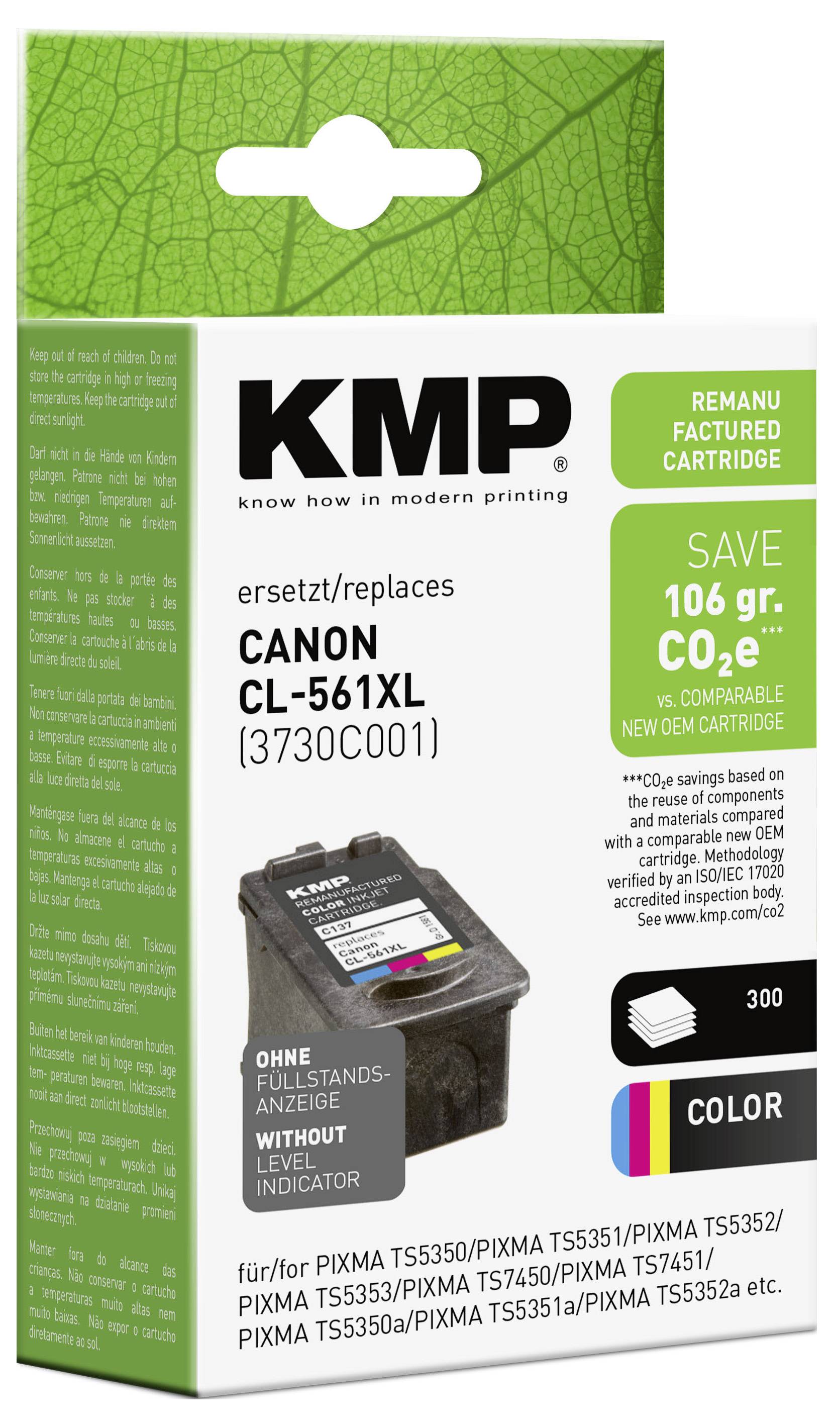 KMP omarbetad färgbläckpatron för Canon CL-561XL, med gröna miljöanspråk, "Spara 106 gr. CO2e", och bild på patronen.