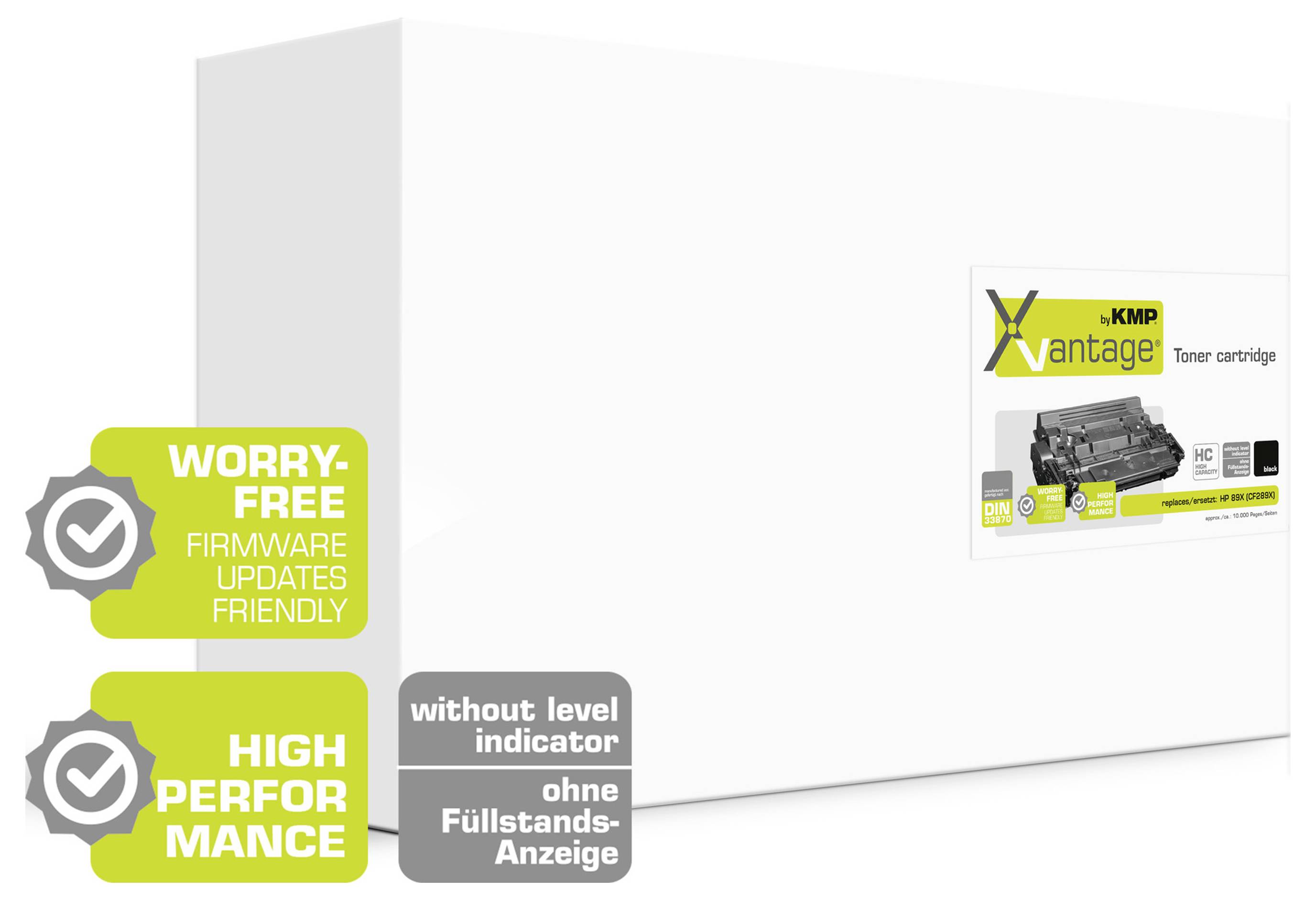 Vit KMP Xantage tonerkassettlåda med märken som läser "Worry-free firmware updates friendly", "High performance" och "without level indicator".