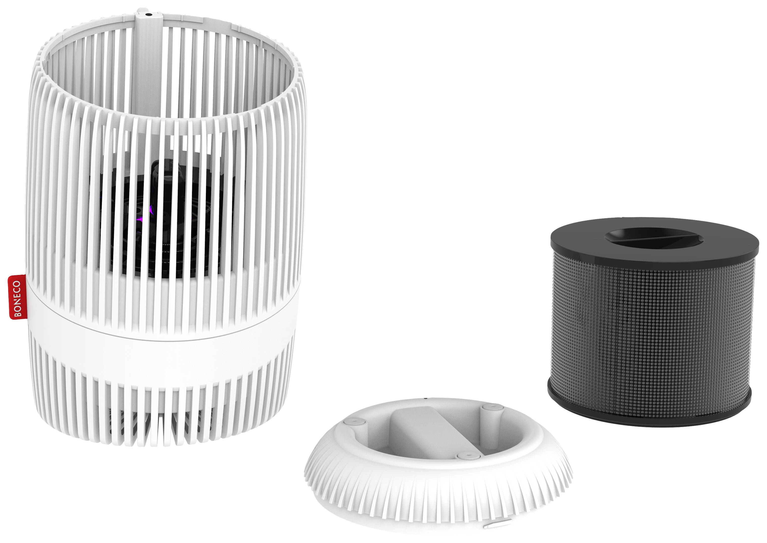Luftrenare med cylindriskt design och synligt filter. Tre delar visade: yttre hölje, bas och rund filterinsats.