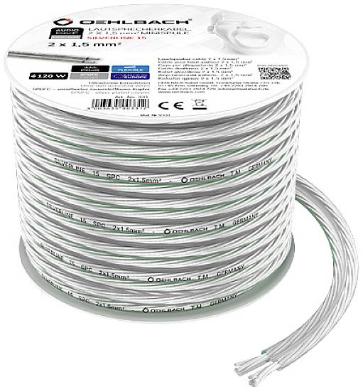 En vit högtalarkabelrulle från Oehlbach med specifikationen '2 x 1,5 mm²' och '1120 W' på förpackningen.