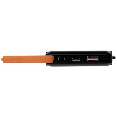 Ett USB-laddare med tre anslutningar: Mini-USB, USB-C och standard-USB. En orangefärgad plastarm är utfälld.