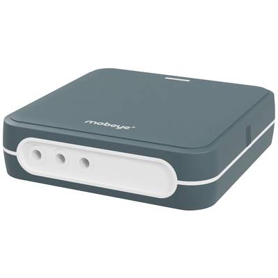 En liten, mörk, fyrkantig apparat med vita anslutningar på framsidan. Varumärket 'mobeye' på ovansidan.