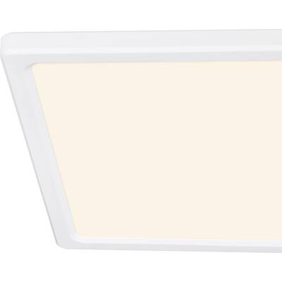 En kvadratisk, vitinramad LED-takpanel som jämnt strålar varmvitt ljus. Lämplig för moderna interiörer.