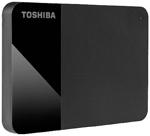 Extern, svart Toshiba-hårddisk med matta och blanka ytor, lämplig för datalagring.