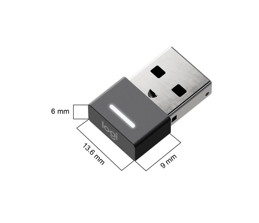 USB-mottagare i grått med trycket 'logi', mått: 6 mm höjd, 13,6 mm längd, 9 mm bredd. Avser anslutningskompatibilitet.
