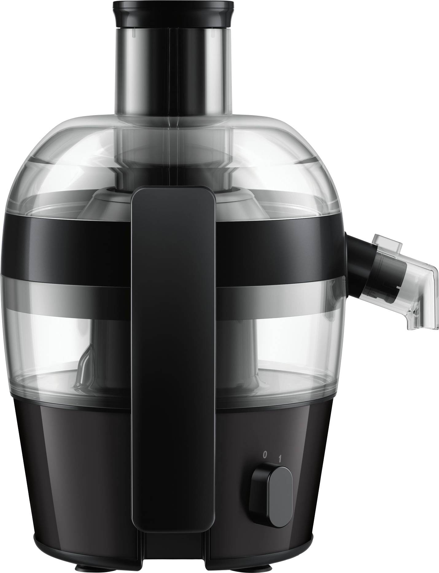 En svart juicepress med transparent hölje, påfyllningsöppning överst och utlopp på sidan, står på en vit yta.