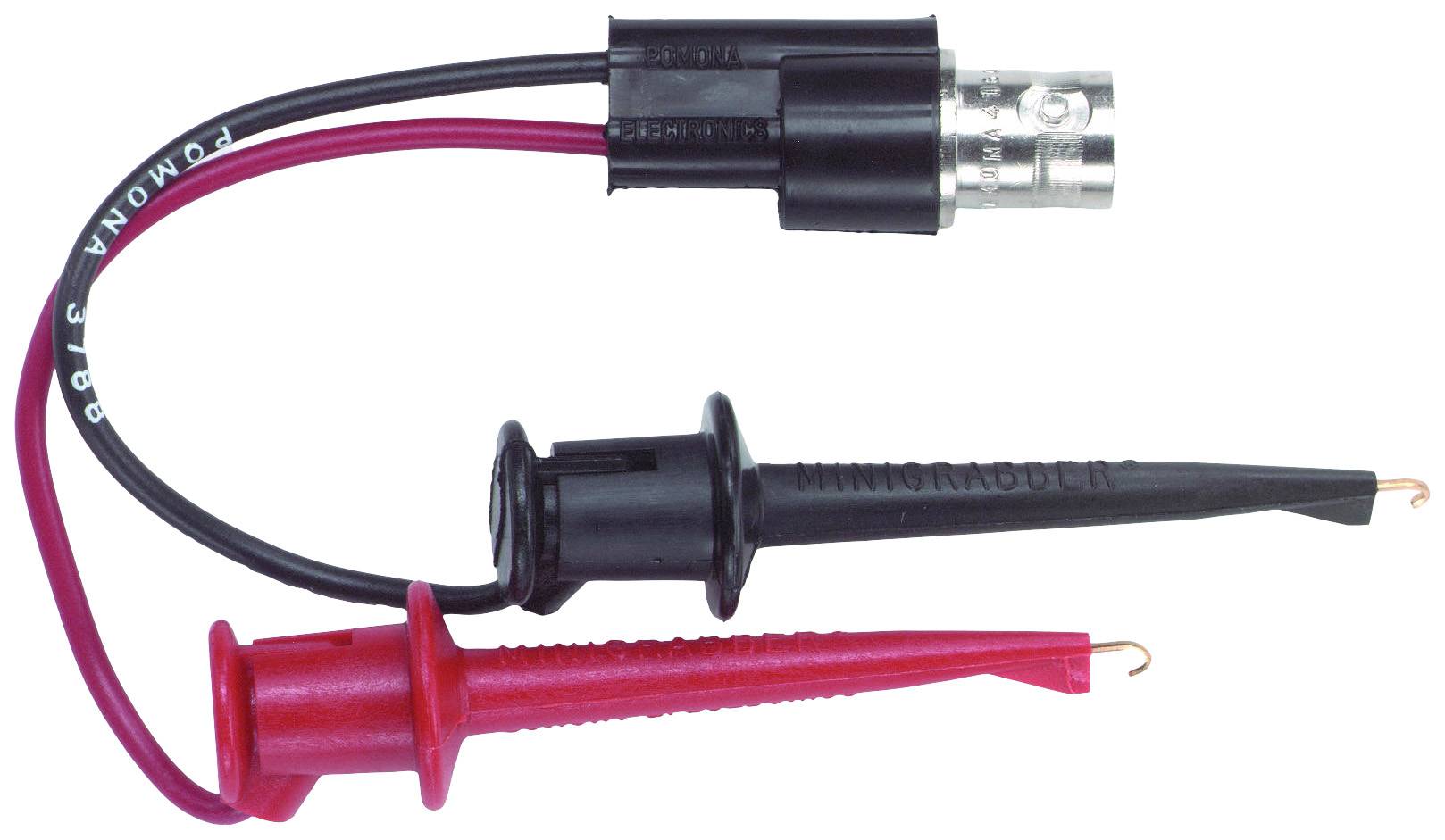 Två mätspetsar, en svart och en röd, med BNC-kontakt och kabel. Elektriskt mättillbehör.