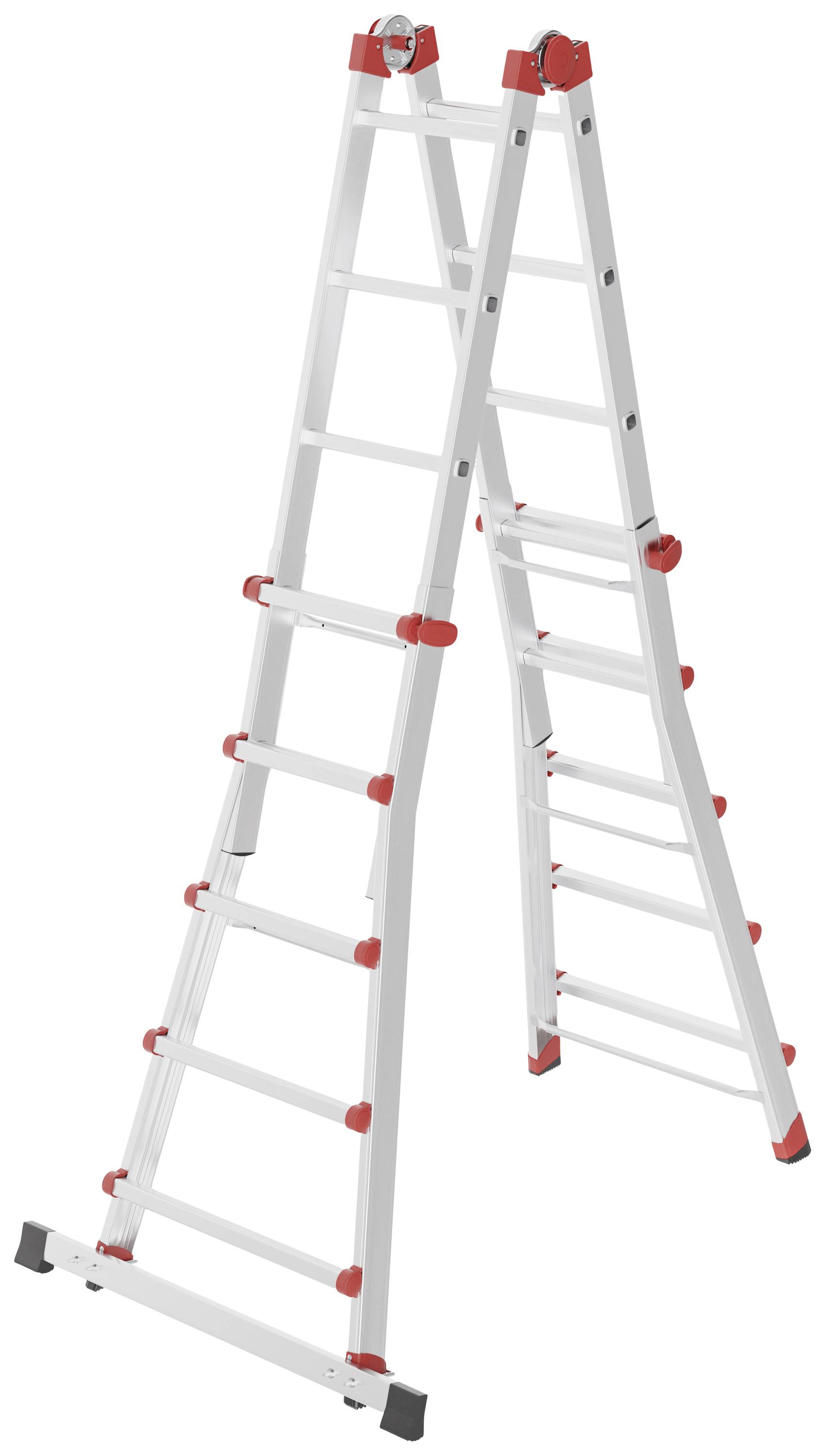Aluminiumstege med röda accenter, användbar som stege eller som lutande stege, står stabilt med utfällt gångjärn.