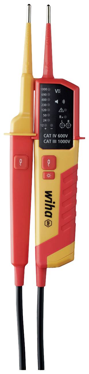 Spänningsprovare i rött och gult, lämplig för CAT IV 600V och CAT III 1000V, med LED-indikator och två sonder för elektrisk testning.
