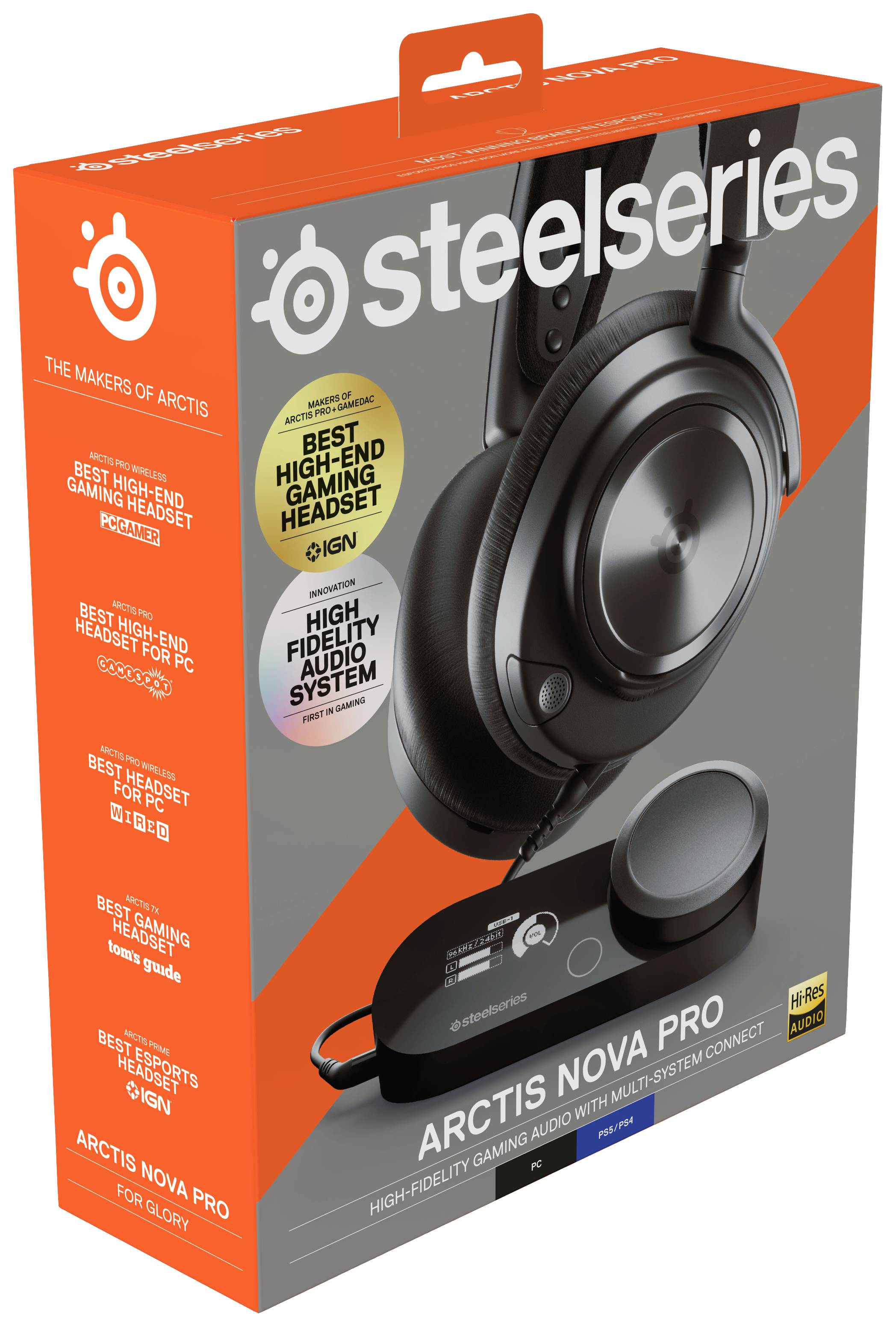 Förpackning för SteelSeries Arctis Nova Pro, ett högkvalitativt gaming-headset med Hi-Fi-audiosystem, prisbelönt för bästa ljud.