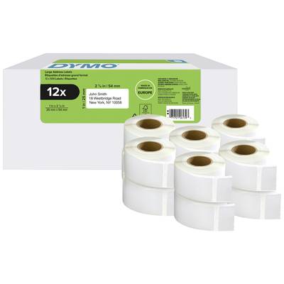 Sex rullar med vita Dymo adressetiketter, lämpliga för skrivare. På förpackningen står: '12x', mått: 25 mm x 54 mm, 'John Smith, 18 Westbridge Road, New York, NY 10058'.