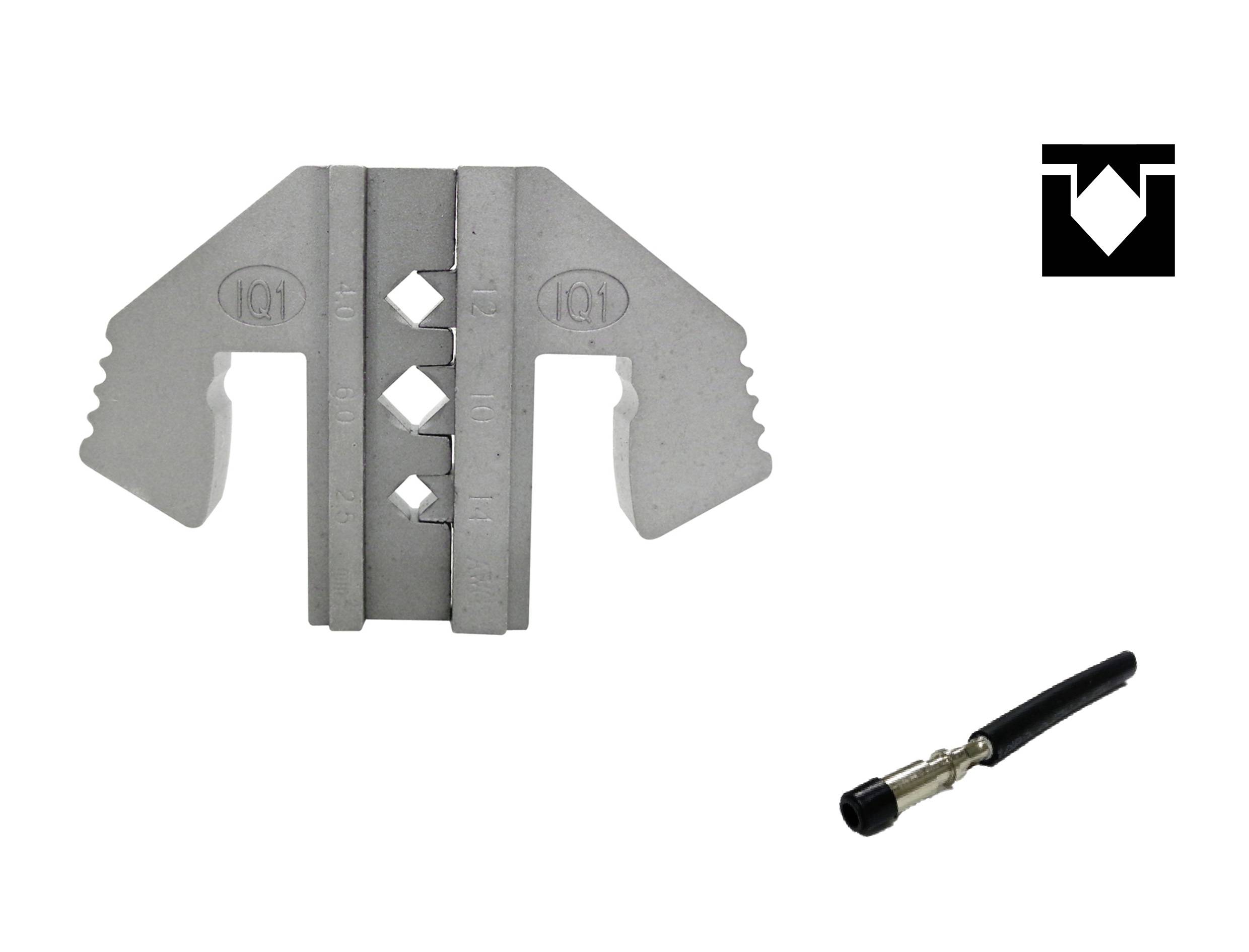 Grå metallisk klämma och mörkare kabelstickkontakt med metallisk anslutningspunkt.