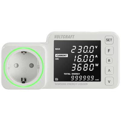 Vit vägguttag med en digital display som visar spänning (230,0V), ström (16,00A) och effekt (3680W). Menyknapparna finns till höger.