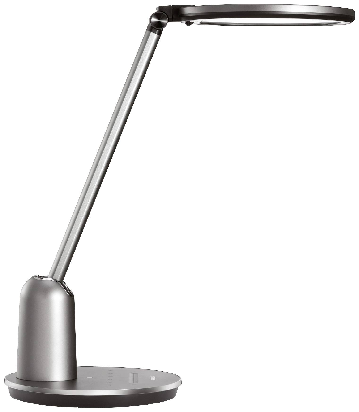Modern grå bordslampa med rund skärm och justerbar arm, lämplig för skrivbordsarbete eller läsbelysning.