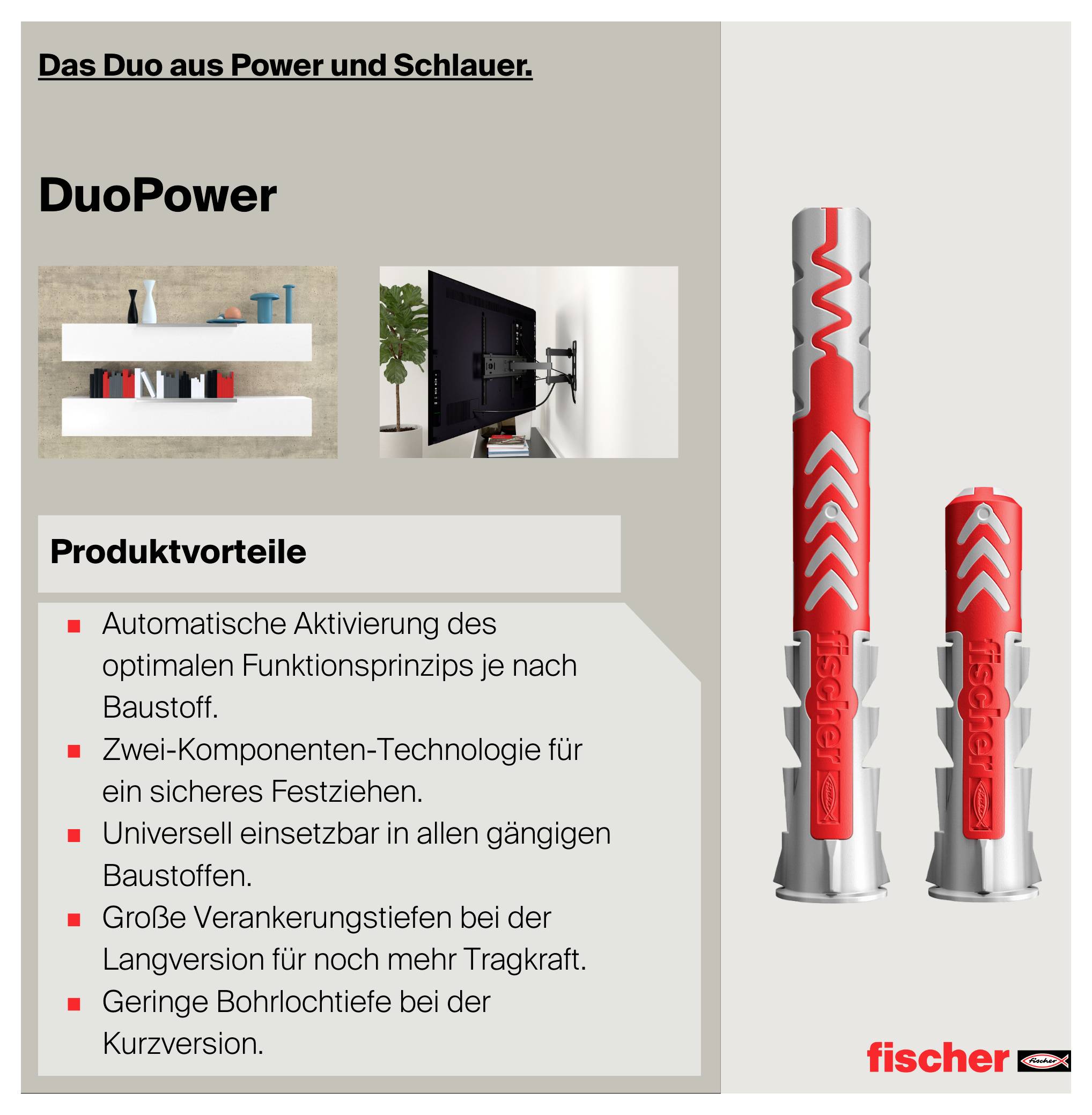 Reklamaffisch för 'DuoPower' från fischer med två pluggar; visar produktfördelar som automatisk aktivering, tvåkomponentsteknik och högt bärarkapacitet.