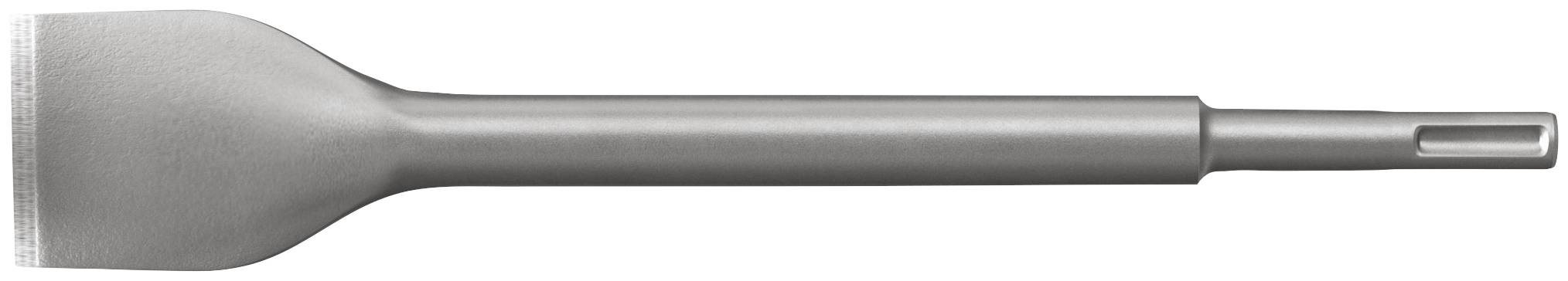 Metallisk skruvmejsel med platt spets, brett blad och långt silverfärgat skaft på vit bakgrund.