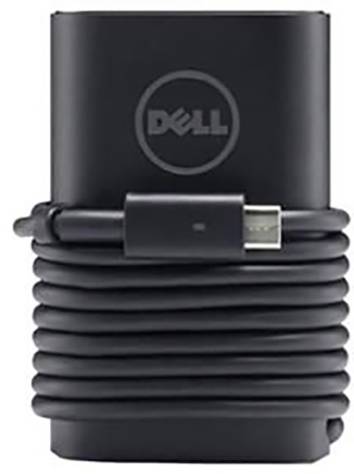Svart Dell-nätadapter med upprullad kabel och USB-C-kontakt. Lämplig för strömförsörjning av kompatibla enheter.
