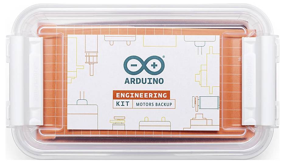 En genomskinlig plastlåda som innehåller 'Arduino Engineering Kit Motors Backup.' Etiketten pryds av tekniska grafiska illustrationer och Arduino-logotypen.