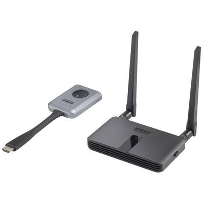 En trådlös HDMI-sändare och -mottagare; till vänster en silver enhet med HDMI-anslutning, till höger en svart-silver mottagare med två antenner.