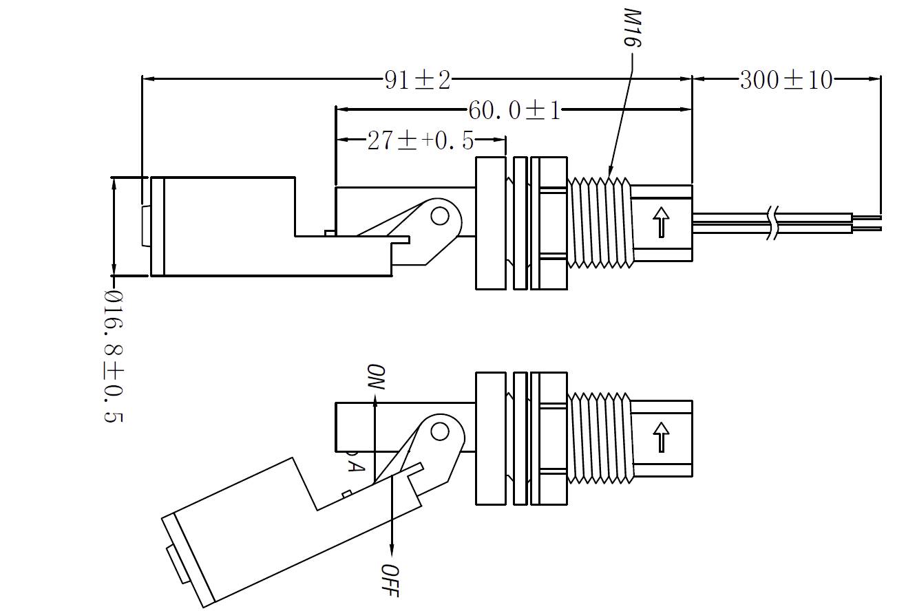 Teknisk ritning av en sensor med mått. Ovanifrån ovan, sido vy nedanför. Viktiga mått: 91 ± 2 mm längd, 300 ± 10 mm kabellängd.