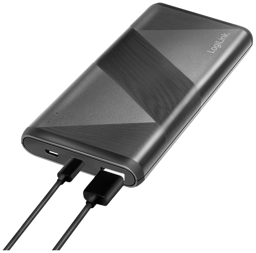 Svart powerbank med två anslutna laddningskablar, där LogiLink-logotypen syns på ovansidan.