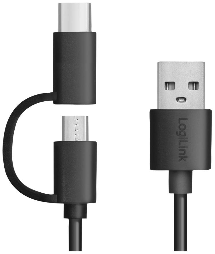 Tvåi-ett-kabel med USB-anslutning och avtagbar USB-C-/Micro-USB-adapter. Lämplig för olika teknologiska enheter.