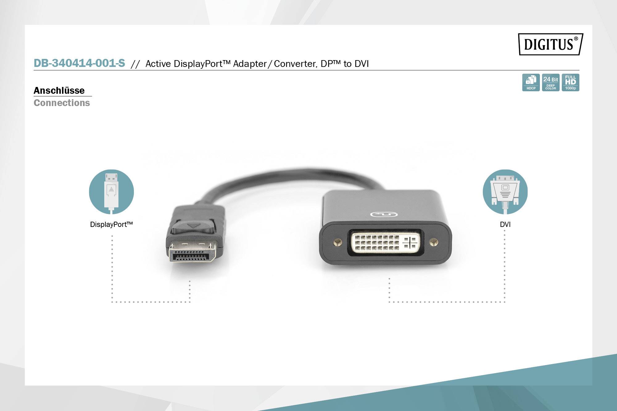 Aktivt DisplayPort-adaptrar/konverterare, DisplayPort™ till DVI, visar en adapter med DisplayPort-kontakt till vänster och DVI-uttag till höger.