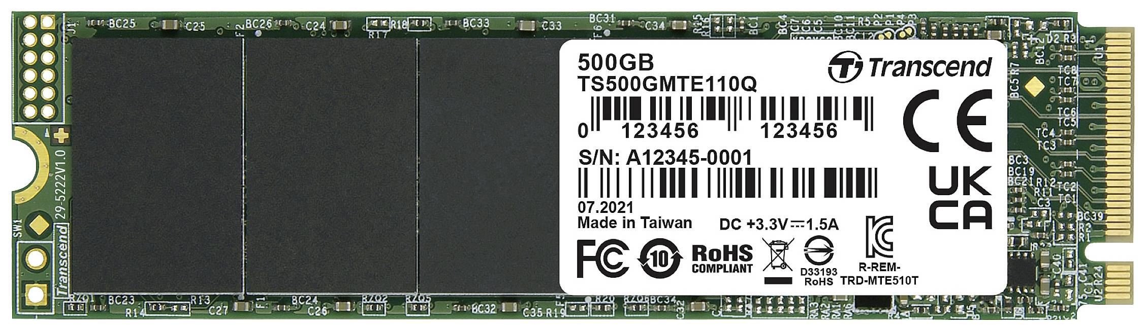 'Transcend 500GB SSD-hårddisk, modell TS500GMTE110Q, serienummer A12345-0001, tillverkad i Taiwan, juli 2021, CE- och RoHS-certifierad.'