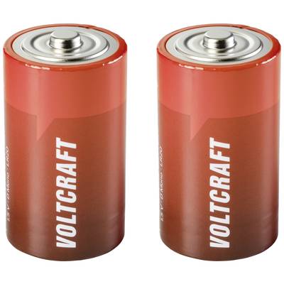 Två röda batterier av märket VOLTCRAFT med silveraktig övre ände.