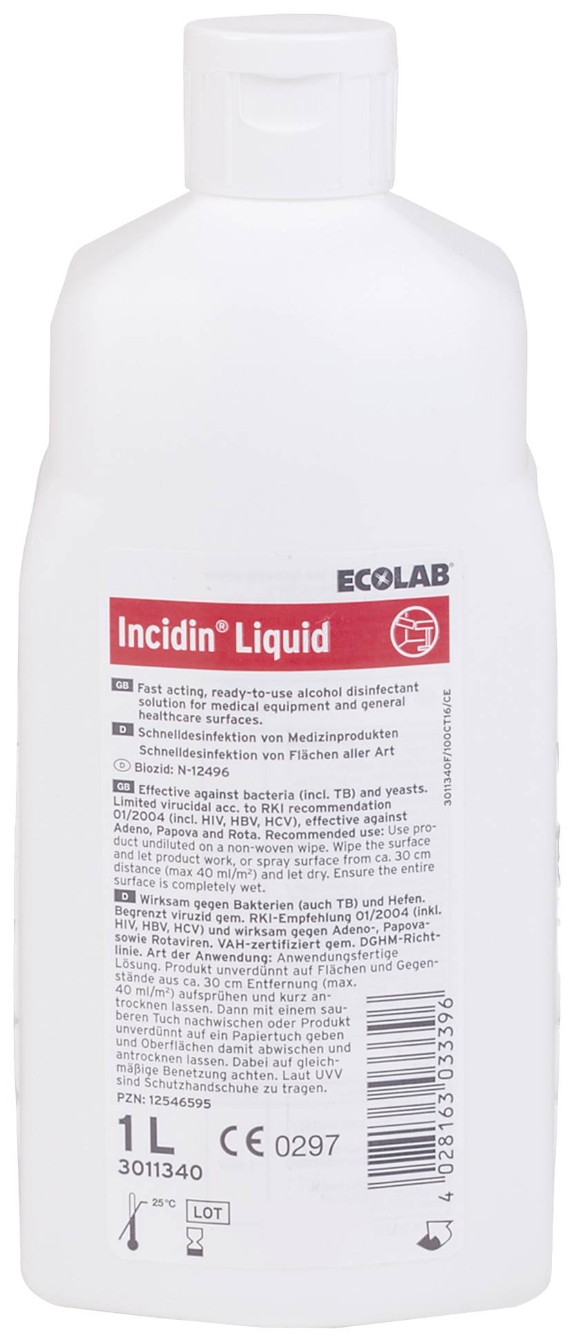 En vit flaska 'Incidin Liquid' desinfektionsmedel från Ecolab med text och piktogram på framsidan.