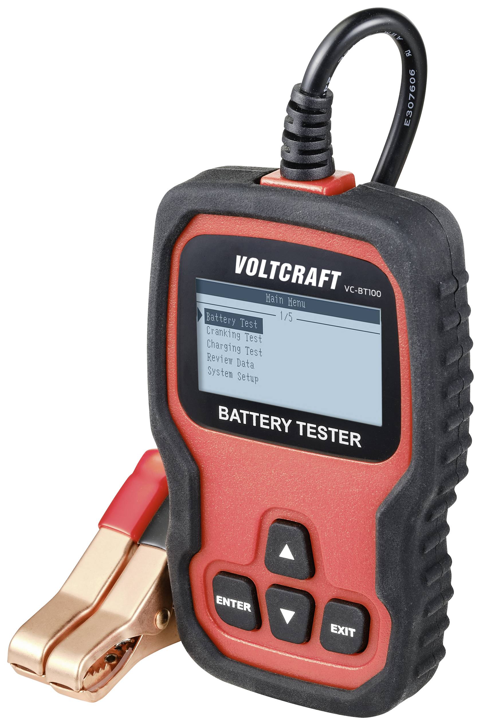 Batteritestare med liten skärm, visar alternativ för batteri-, start- och laddningstester, omgiven av gummikablar och klämmer.