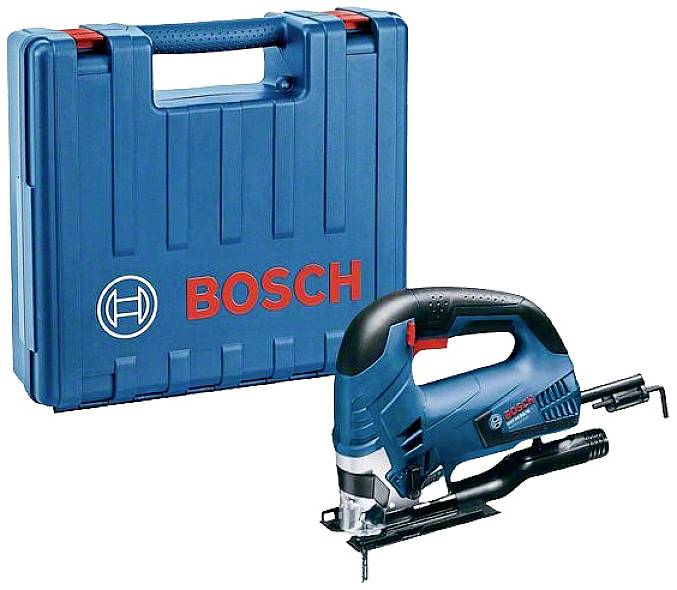 Blå Bosch sticksåg framför en matchande bärväska, varumärkets logotyp tydligt synlig.