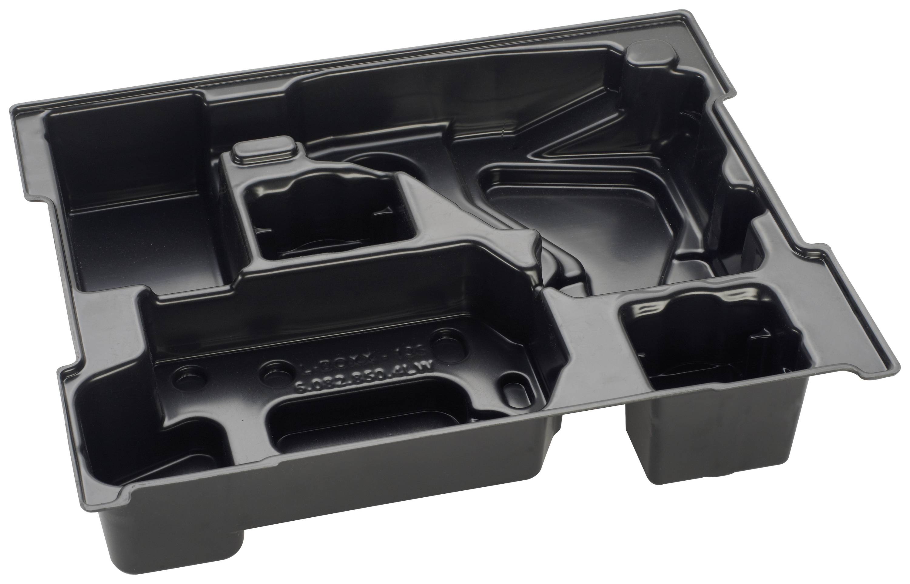 Svart plastförpackning med flera fack, sannolikt avsedd för förvaring eller transport av elektroniska enheter eller verktyg.
