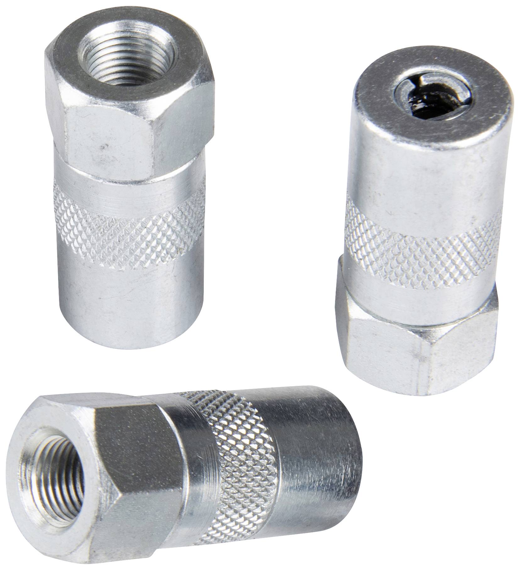 Tre metalliska fittingar med räfflad yta, var och en försedd med invändig gänga. De är tillverkade av silverfärgad metall.