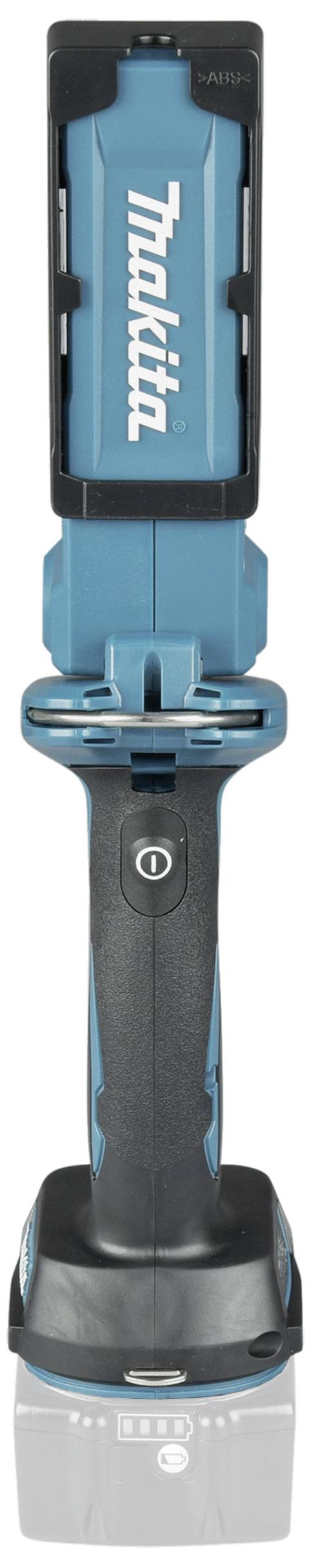 En blå-svart Makita batteridriven arbetsstrålkastare med ergonomiskt handtag och fällbart ljussegment, lämplig för arbetsbelysning.