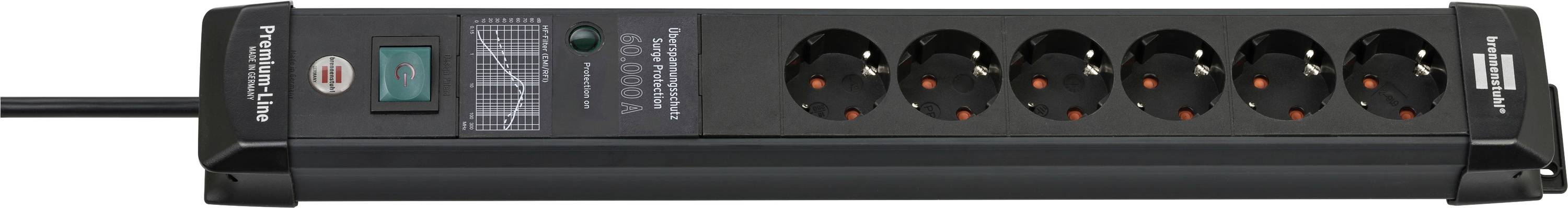 Svart rackmonterad strömlist med åtta utgångskontakter och en strömbrytare/indikator på vänster sida.