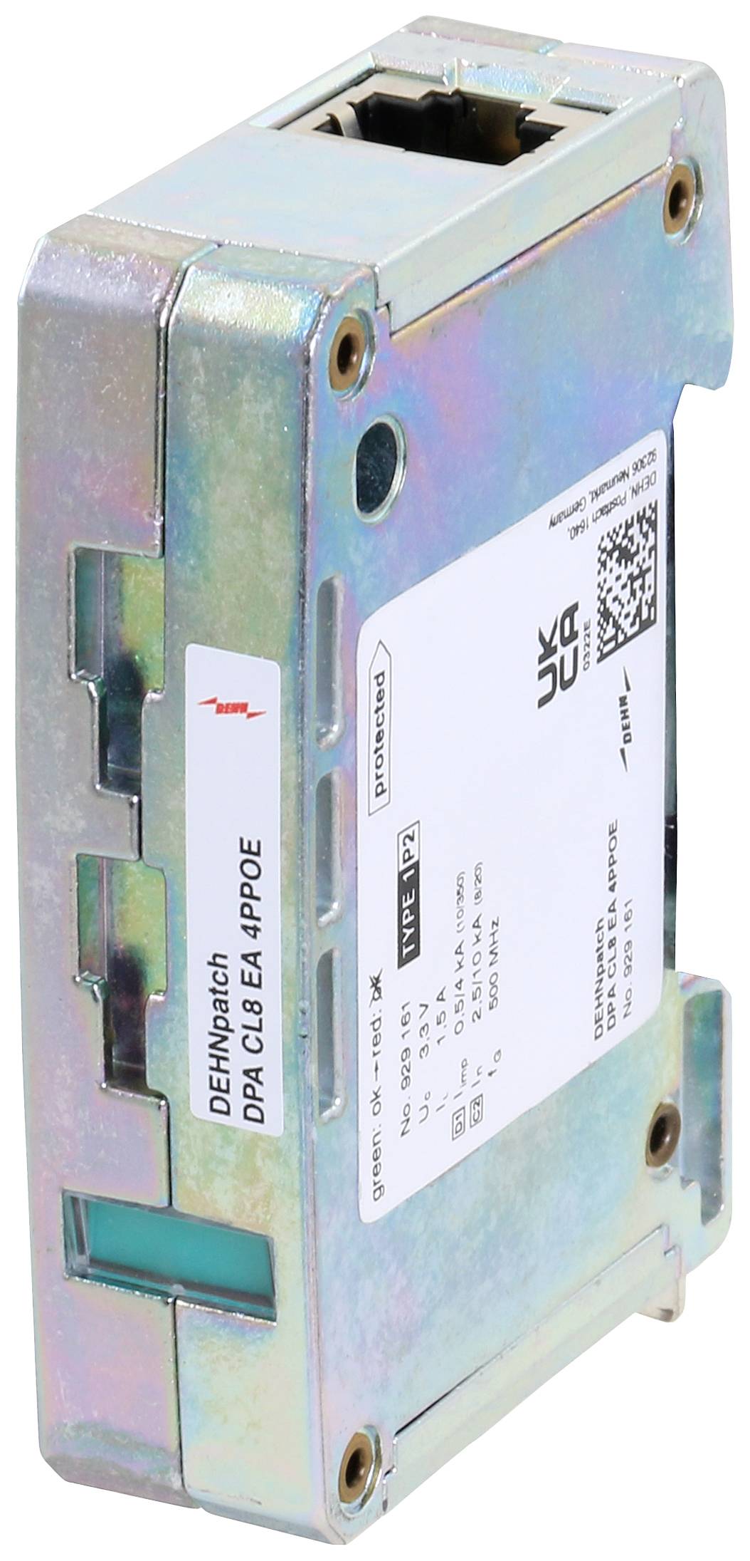 Metalliskt adapter-modul 'DEHNpatch DPA C|6 EA 4PPOE' för överspänningsskydd vid Ethernet-anslutningar, med QR-kod och anslutningar.