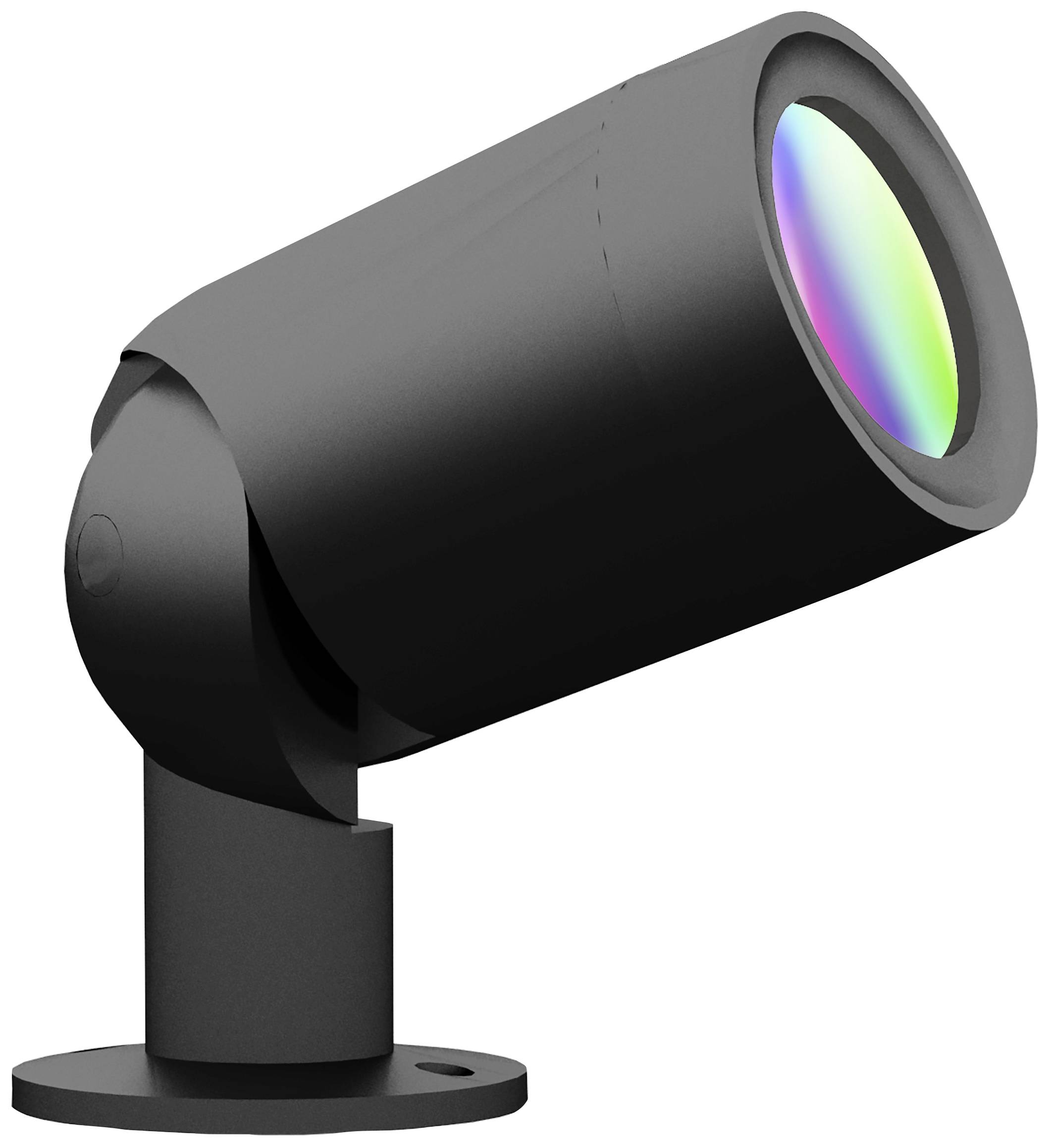 En svart LED-strålkastare med regnbågseffekt i ljuskäglan, monterad på en roterbar bas. Perfekt för dekorativ belysning.