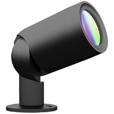 En svart LED-strålkastare med regnbågseffekt i ljuskäglan, monterad på en roterbar bas. Perfekt för dekorativ belysning.