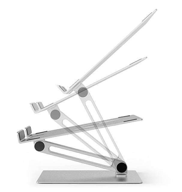 Bärbar datorställning i flera höjder, tillverkad av metall, som visar olika lutningsvinklar för att förbättra ergonomin.