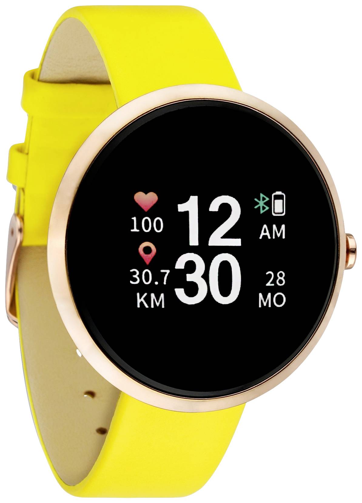 Gul smartwatch med rund skärm som visar hjärtfrekvens, tid, batteristatus och tillryggalagd sträcka i kilometer.