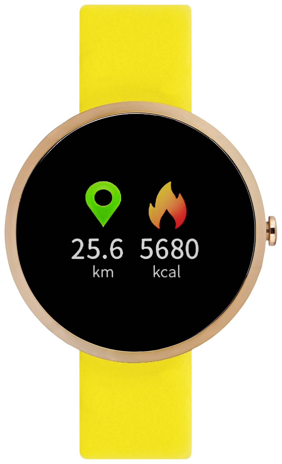 Smartwatch med gult armband visar 25,6 km och 5680 kcal på svart display.