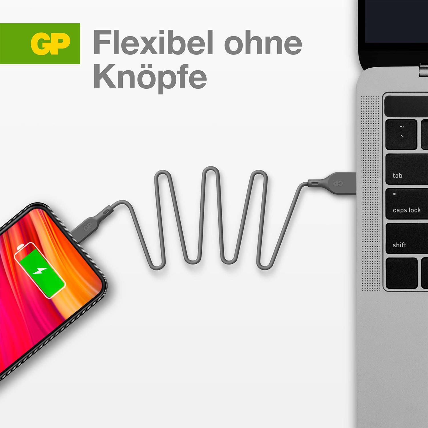 Smarttelefon laddas med flexibel kabel på en bärbar dator. Text 'Flexibel utan knappar' och GP-logotyp i bakgrunden.