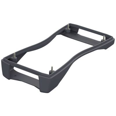 Mörkgrå plastlåda med fyra metallstift i hörnen.